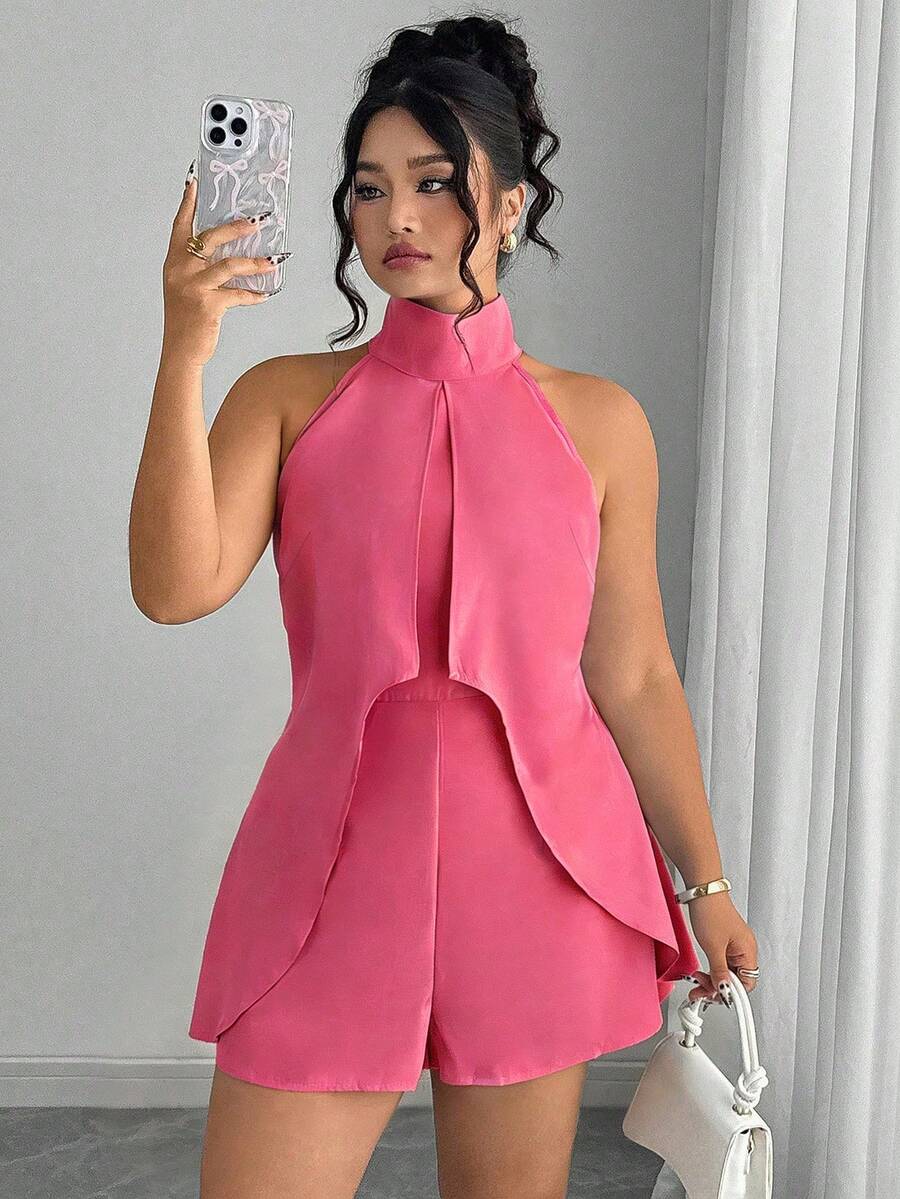 Elenzga Bộ áo liền quần không tay cổ cao, khóa kéo, màu trơn, cỡ lớn, dành cho người có vóc dáng đầy đặn. - Màu Hồng Tươi - Xem 1