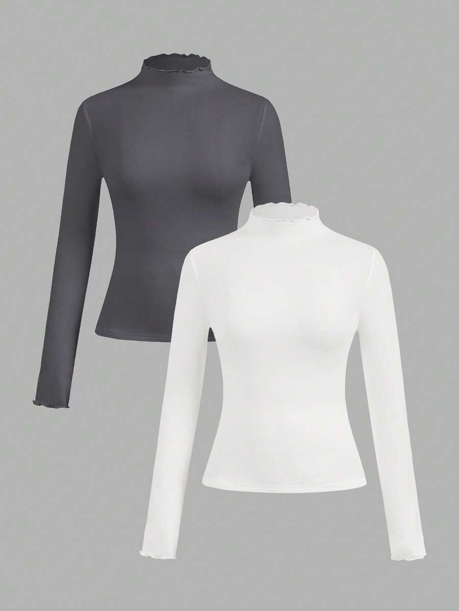 SHEIN EZwear 两件套灰色和白色休闲修身长袖T恤,秋冬季 - 彩色 - 查看 1