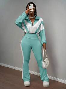Slaydiva New Early Autumn Casual Simple Daily Dating Sports Style Yoga Suit Small Stand-Up Collar Front Middle Zipper Drop Shoulder White Splicing Light Purple Hem Drawstring Long-Sleeved Top + Purple Flared Trousers Side White Splicing Yoga Pants Knit Suit Women's Two Pieces Suit-B Women 2 Piece Sets Long Sleeve Two Piece Set 2 Piece Pants Set - Teal Blue - View 6