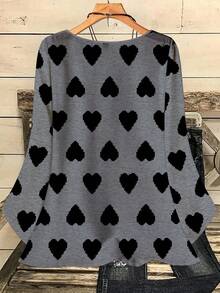 EMERY ROSE 大码女式休闲浪漫全心印花圆领宽松七分袖衬衫，黑色上衣，情人节，情人节礼物，灰色上衣 - 彩色 - 查看 2