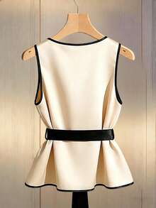 Franclia French-Style Elegant Top,Black And Beige,Sleeveless Summer Tank Top With Satin Belt Tie,Fitted Waist Office Wear For Teachers,Versatile Casual Top - Apricot - View 2