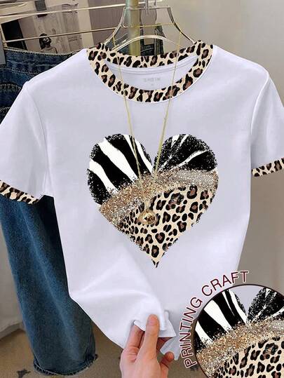 Resyla Women's Color Block Heart & Leopard Print Short Sleeve Casual Round Neck T-Shirt