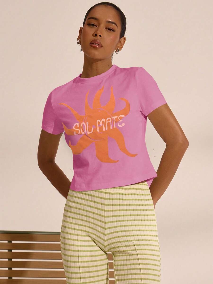 MUSERA 修身太阳图案婴儿T恤，春假波西米亚风伊比沙岛优雅海滩可爱返校季优雅夏季假期 - 粉色 - 查看 1