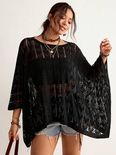 Freevana Plus Size Women's New Black Hollow Out Crochet Batwing Sleeve Top, Loose Plus Size Knit Cover Up, Round Neck Sheer Casual Slimming Outerwear Sweater