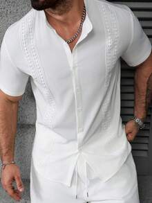 Manfinity CasualCool 男士休闲纯色短袖衬衫，夏季百搭 - 白色 - 查看 5