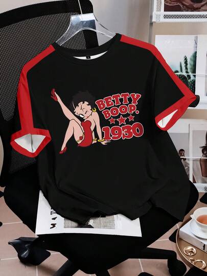Betty Boop x SHEIN Women's Casual Colorblock Letter & Figure Graphic Short Sleeve T-Shirt, Summer