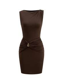 Ellevyn Vestido elegante y ajustado sin mangas con hebilla de metal y pliegues - Café integral - Ver 6