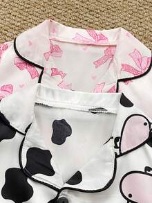 SHEIN 4pcs Baby Girls' Cow Print & Bow Decor Faux Silk Pajama Set, Short Sleeve Top & Pants - Multicolor - View 7