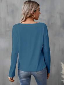 Camiseta de manga larga con cuello en V relajado y estampado de lema de Nueva York, adecuada para otoño/invierno, casual - Niebla azul - Ver 8
