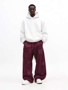 SUMWON Pantalones de chándal holgados de color burdeos con diseño de estampado de flores abultadas en todo el patrón, cintura con cordón, cómodos y relajados - Morado - Ver 3