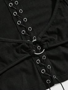 ROMWE Goth 哥特式性感V领系带长袖紧身T恤 - 黑色 - 查看 3