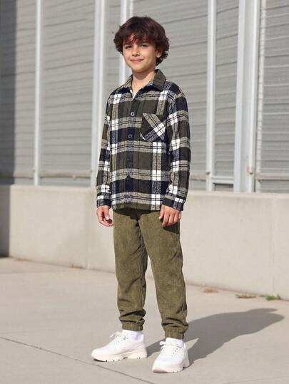 SHEIN Vacaura 2pcs Tween Boy Cool Casual Plaid Jacket And Pants Set