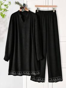 Rusticease 2pcs Women Casual Minimalist Long Sleeve Top And Pants Set, Autumn Co Ords Sets Women Linnen Set Women Women Plus Clothing Sets Black Sets For Women 2pc Set Women Plus - Black - View 1