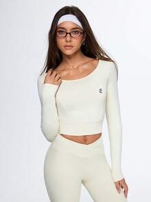 Eassivo Eassivo 女士长袖修身瑜伽上衣，普拉提训练运动服，跑步健身运动服 - 米色 - 查看 15