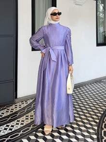 DAZY Women's Elegant Solid Color Stand Collar Puff Sleeve Belted Long Dress, Spring/Summer Vacation Maxi Dress Sundress - Purple - View 6