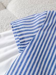 SHEIN 2件套男童休闲舒适百搭条纹立领短袖衬衫短裤套装，适合上学、婚礼、派对、春夏穿着 - 藍白色 - 查看 8