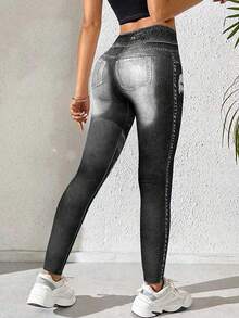 EMERY ROSE 女式牛仔效果印花松紧腰休闲保暖内衬紧身裤 - 黑色 - 查看 2