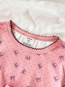 SHEIN 2pcs Young Girl Casual Cute Bow & Heart Print Long Sleeve Top And Pants Snug Fit Loungewear Set Little Girl Pajama Set Kids Bamboo Seashell Pajamas Kids Pj Set Girl Pink Girl Sleep Wear Cute Pj Set "Tight Fit Pajama","Tight Fit","Snug Fit - Dusty Pink - View 3