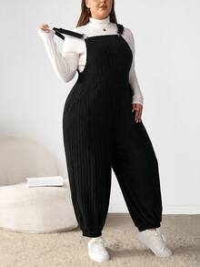 Enliva 大码灰色弹力羊毛罗纹针织背带裤，秋冬款 - 黑色 - 查看 4