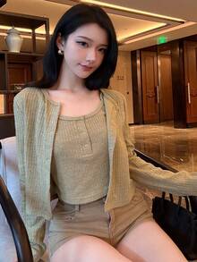 DAZY 2pcs Women Autumn/Winter Fashion Brown Fuzzy Fitted Crop Top & Cardigan Set - Dark Green - View 10