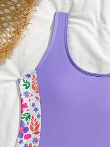 SHEIN 女童椰树印花拼接纯色连体泳衣，搭配椰树印花泳裤，适合夏季、冲浪、海滩、度假、泳池等场合。 - 彩色 - 查看 6