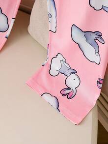 Girls Casual Comfortable Soft Pink Cloud Rabbit Pattern Pajama Set, Collared Short Sleeve Top And Long Pants 2 Pieces Loungewear - Pink - View 8