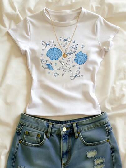 Glimmora Casual For Women, Graphic Tee, White Top ,Women's Beach Top Summer, Fitted Round Neck Cropped Top