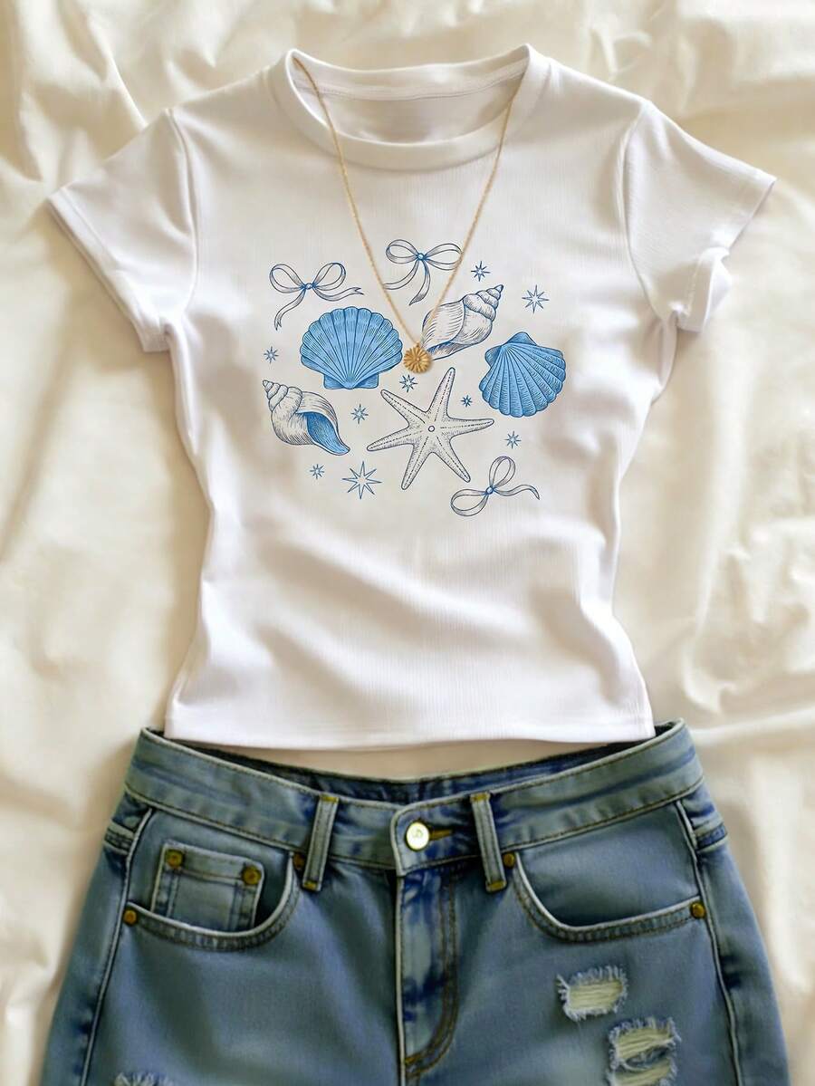 Glimmora Casual For Women, Graphic Tee, White Top ,Women's Beach Top Summer, Fitted Round Neck Cropped Top - White - View 1