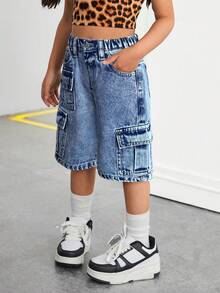 SHEIN Young Girl High Waist Multi-Pocket Loose Fit Wide Leg Casual Jeans - Light Wash - View 3