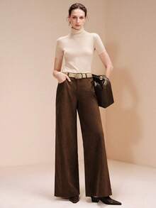 Revavyn Revavyn Women's Corduroy Coffee Brown Straight Leg Extra Long Pants Plain Woven Fabric With Zipper Closure - Coffee Brown - View 6