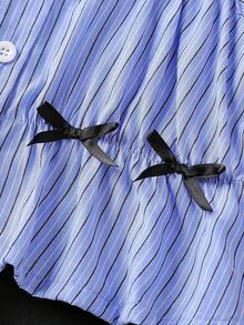 Girls' Elegant Bowknot Collar Sleeveless Buttoned Shirt + Casual Versatile Pleated Wide Leg Pants Fashion Set, Suitable For Vacation, Travel, Festivals, Parties, Spring/Summer/Autumn - Blue - View 6