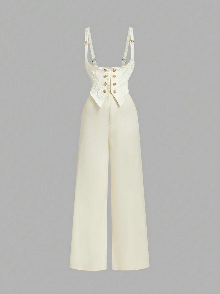 SHEIN MOD 大码纯色优雅金属扣吊带连体裤 白色连体裤 女士背带裤 亚麻连体裤 女士连体裤 - 杏色 - 查看 1