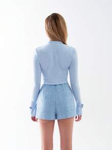 OverBlushhh Women's Soft Long-Sleeve Mock-Neck Eyelet-Detail Crop Everyday Cosy Top Everyday Wear Winter Spring Season - Baby Blue - View 2
