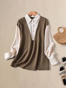Rusticease Áo sơ mi dài tay nữ kiểu dáng thường ngày phối màu 2 trong 1, màu nâu thu, thích hợp mặc đi làm, mùa hè, đi nghỉ mát, lễ hội, trang phục hóa trang cho nữ, áo dài tay nữ mặc mùa thu. - Nhiều màu - Xem 5