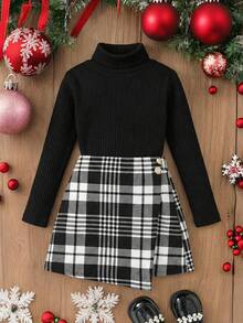 SHEIN Conjunto de camiseta de manga larga acanalada y falda de tweed a cuadros con botones elegante y de oficina para adolescentes - Blanco y Negro - Ver 8