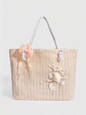 Fairycore 1 pezzo Borsa a tracolla da donna con decorazioni a tema vacanza, conchiglie, coralli e perle, grande capacità, borsa da spiaggia in paglia floreale per primavera/estate