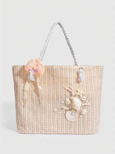 Fairycore 1 pezzo Borsa a tracolla da donna con decorazioni a tema vacanza, conchiglie, coralli e perle, grande capacità, borsa da spiaggia in paglia floreale per primavera/estate