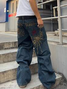 ROMWE MEN Men's Loose Fit Jeans With Spider Web Embroidery Pattern - Dark Wash - View 5