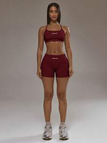 Musera Sport 交叉背带运动文胸和提臀紧身裤套装，适合秋季、冬季和冬季运动健身锻炼。 - 酒紅色 - 查看 5