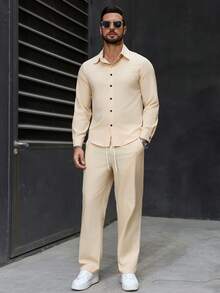 Manfinity CasualCool Bộ đồ nam thường ngày gồm áo sơ mi dài tay màu trơn và quần dài có dây rút ở eo, thích hợp cho việc đi làm hàng ngày vào mùa xuân và mùa thu. - Màu be - Xem 3