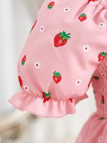 SHEIN Summer Floral Print Ruffled Collar Puff Sleeve Sweet Dress For Baby Girls - Pink - View 5