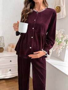 Moonlight&Mama 2pcs Maternity Velvet Crew Neck Cardigan With Lace Trim Flare Sleeve & Pants Sleepwear Set, Burgundy, Autumn/Winter - Burgundy - View 4
