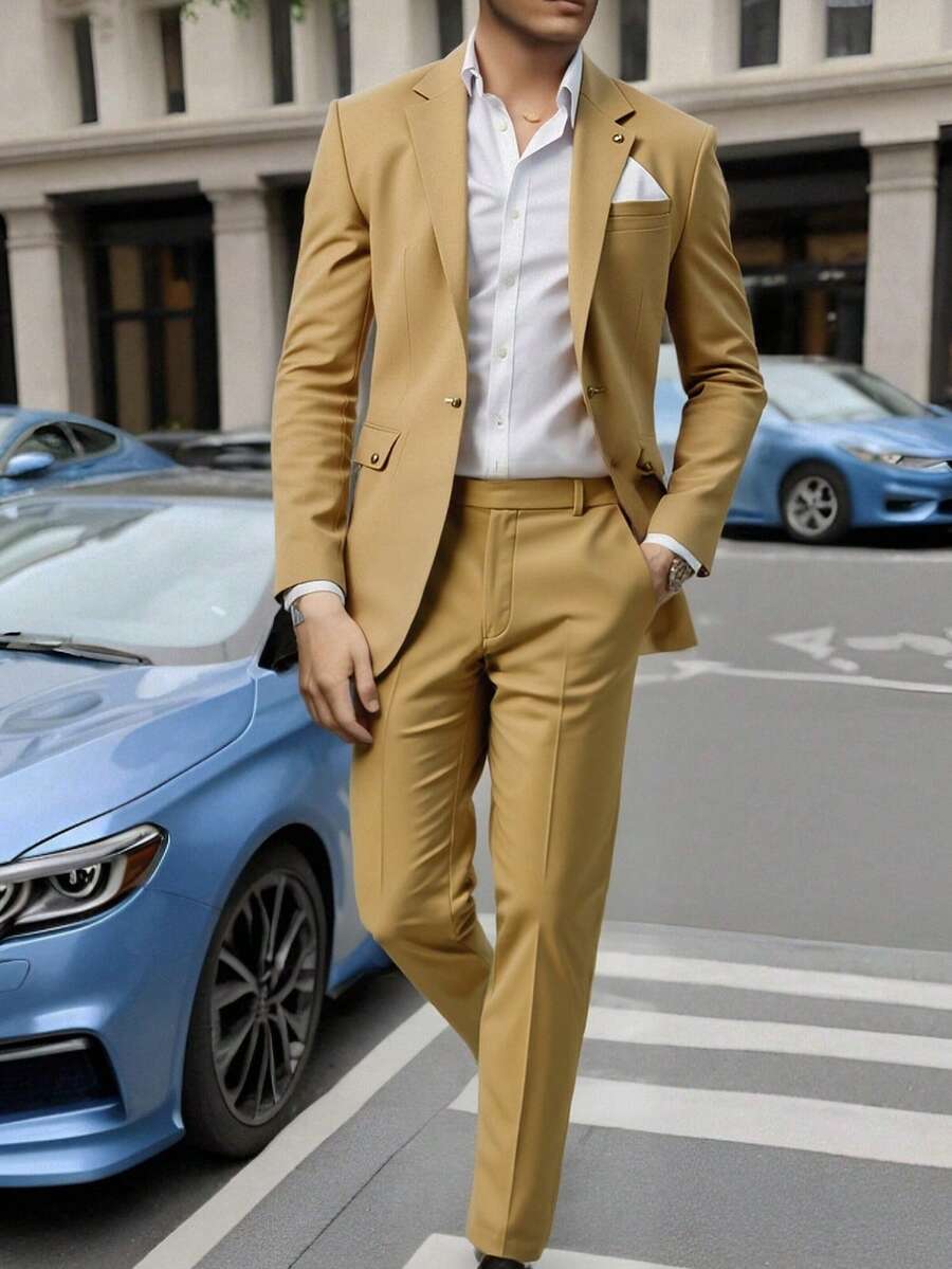 SHEIN 青少年男童休闲卡其套装，绅士风格，舒适时尚，适合日常穿着、上学、郊游、户外活动、音乐节、节日派对、夏季海滩度假、夏日氛围、各种节日活动。