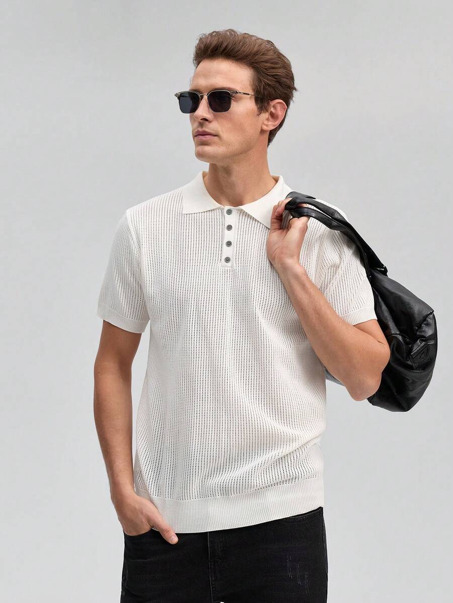 Officeau Men's Hollow Out Design Knitted Polo Shirt, Minimalist Style Suitable For Summer, Old Money Style - White - View 1