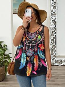 SHEIN LUNE 大码女装夏季无袖彩色羽毛印花圆领休闲宽松背心 夏季上衣 大码背心 波西米亚风背心 女式波西米亚风上衣 大码休闲上衣 女式夏季大码无袖上衣 大码背心 女式无袖上衣 女式波西米亚风上衣 - 彩色 - 查看 4