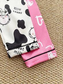 4件套女婴奶牛爱心印花仿丝睡衣套装 - 彩色 - 查看 3