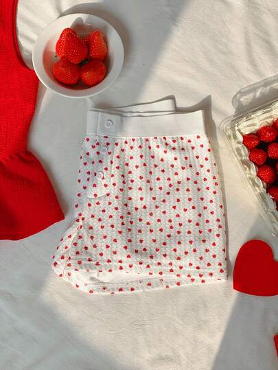 Comfortcana 2026 New Fashionable Women's Heart Print Button Design Casual Shorts Summer Outfits For Women Spring Outfit Women  Clothes Valentine's Day Beach Shorts Vacation Outfits Women Graphic Shorts Red And White Shorts