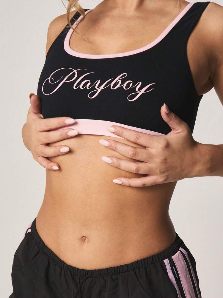 Missguided x Playboy Contrast Trim Bralette With Script Logo For Everyday Comfort And Casual Wear