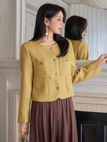 DAZY Women's Elegant Plain Texture Round Neck Pocket Regular Jacket, Spring - Yellow - View 4