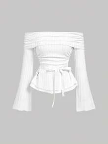 SHEIN MOD Women's Fashion Casual Bowknot Off-Shoulder Blouse - White - View 1